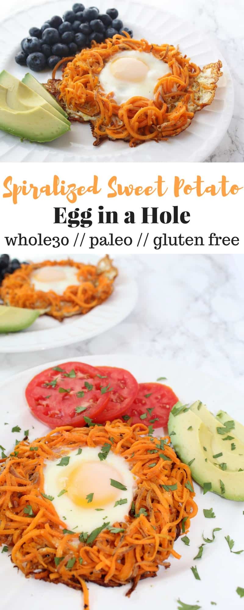See ya later bread and hello sweet potatoes. This Sweet Potato Egg in a Hole uses spiralized sweet potatoes as a nest to hold your eggs, making breakfast gluten free, paleo, nutritious, and fun! Vegetarian, paleo, and Whole 30 - Eat the Gains