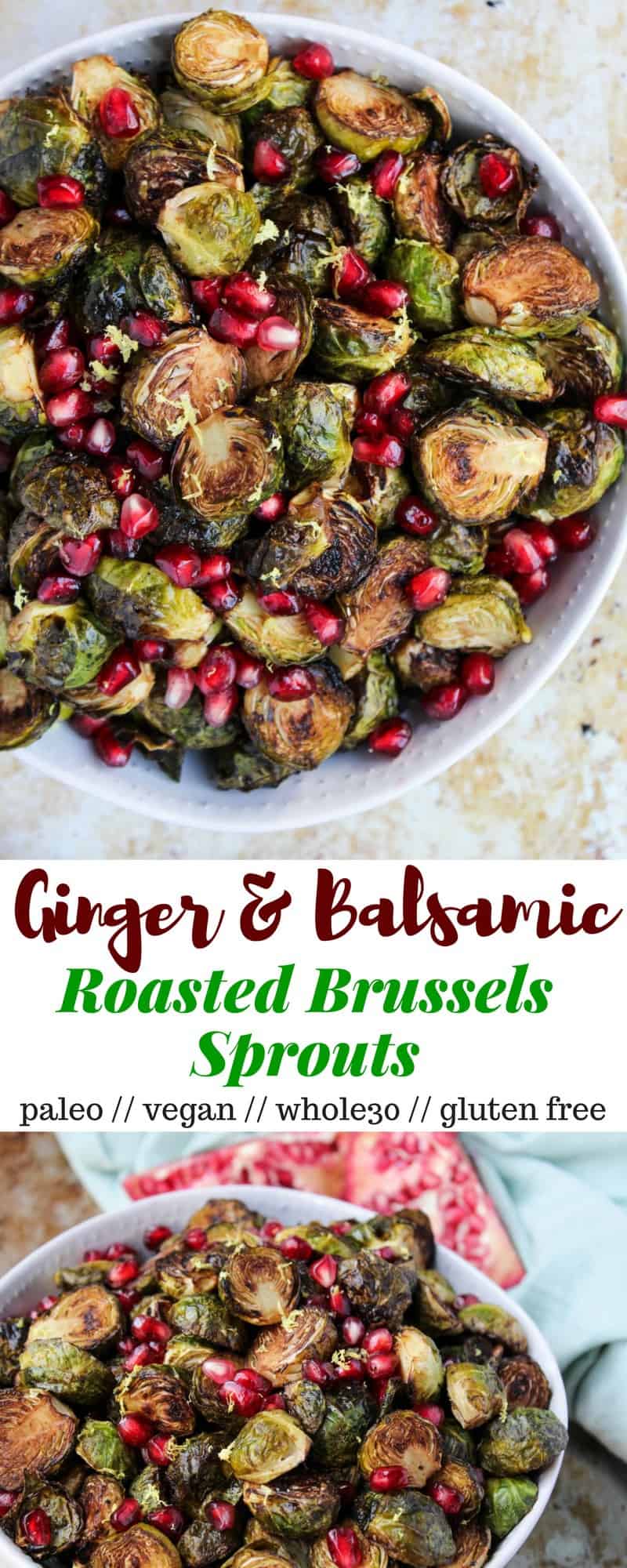 These Ginger & Balsamic Roasted Brussels Sprouts with Pomegranates are an easy & healthy side dish that are just as festive as the holiday season - Eat the Gains