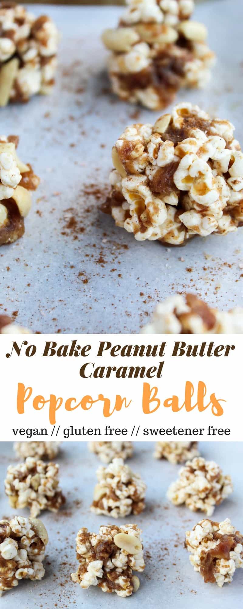 No bake and 30 minutes to make, these Peanut Butter Caramel Popcorn Balls are the perfect holiday snack. No added sweetener, vegan, and gluten free! - Eat the Gains