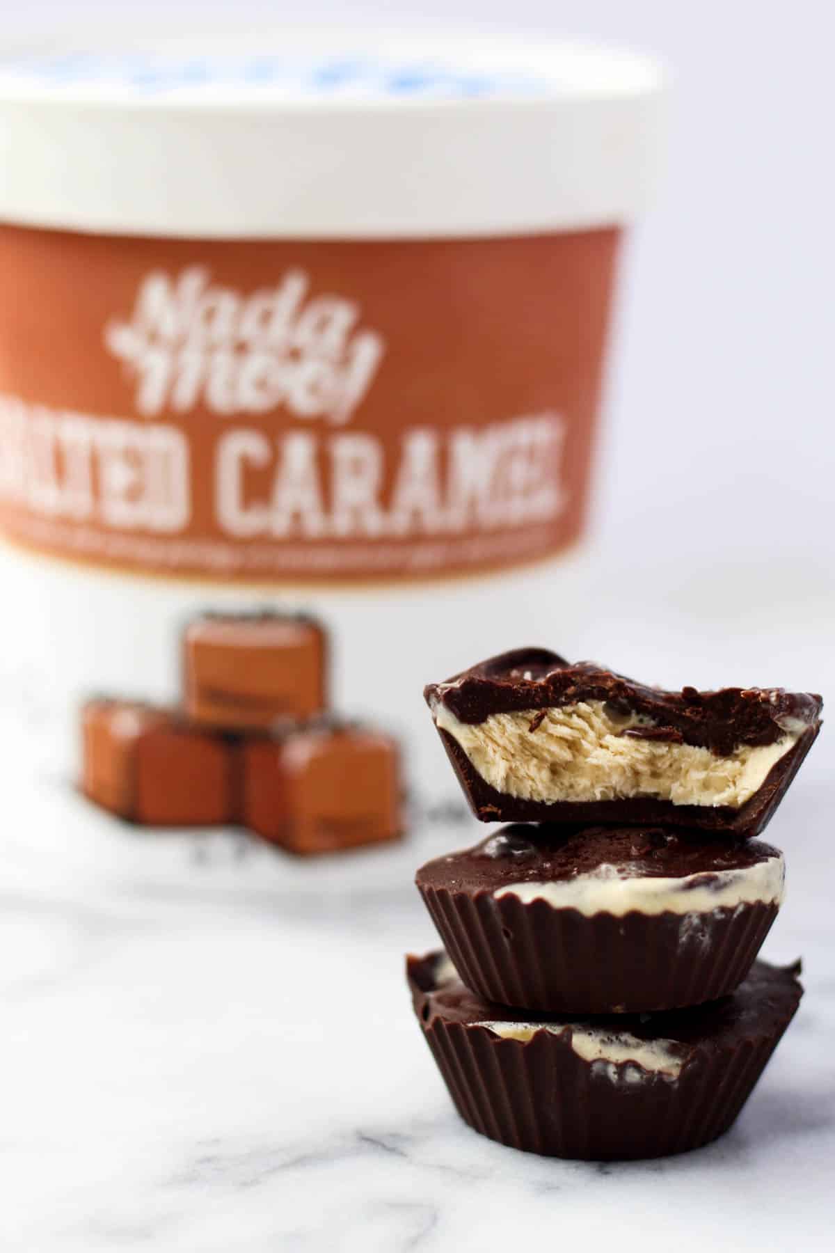 These two ingredient Vegan Salted Caramel Ice Cream Cups make an easy, dairy free, and gluten free frozen dessert perfect for entertaining or a sweet treat - Eat the Gains
