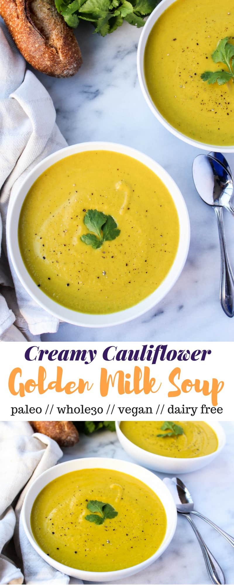 5 ingredients and 30 minutes to make this Creamy Cauliflower Golden Milk Soup, a light and satisfying nutritional meal that is vegan, paleo, and Whole30 approved! - Eat the Gains