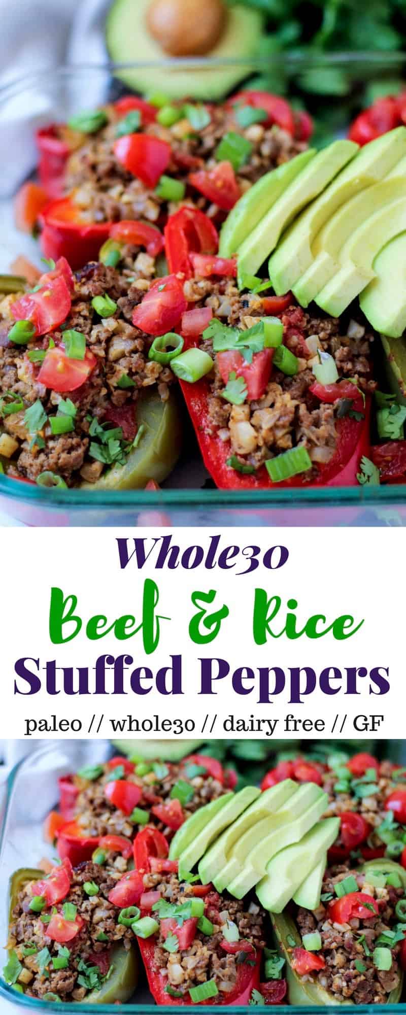 These Beef & Rice Stuffed Peppers are stuffed with cauliflower rice and Mexican spices for an easy paleo and Whole30 approved dish - Eat the Gains