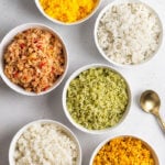 Overhead shot of 6 bowls with 6 different instant pot rice recipes.