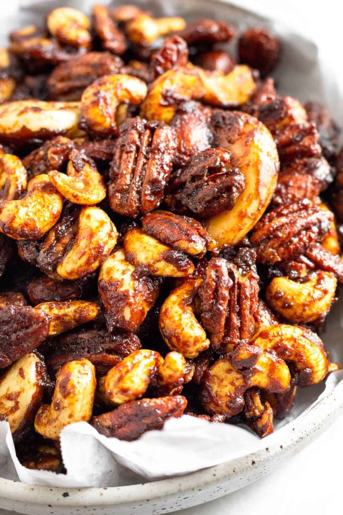 Cinnamon sugar candied nuts in a bowl.