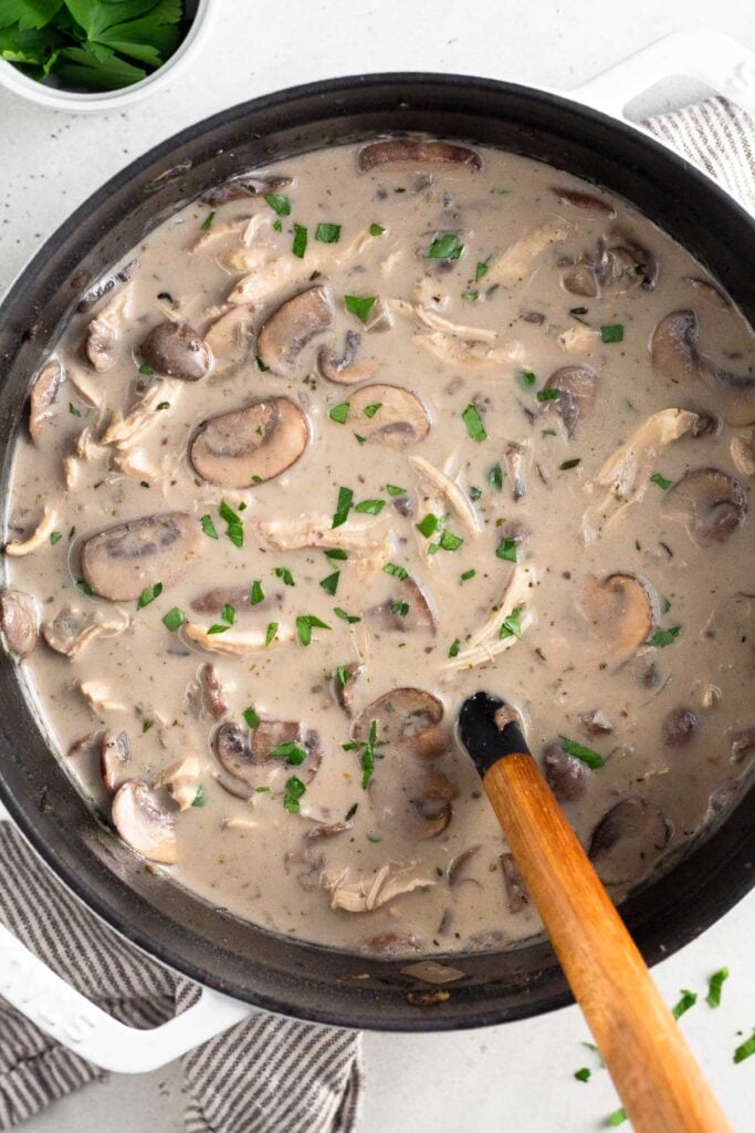 Large dutch oven of chicken and mushroom soup topped with fresh parsley and a ladle in it.