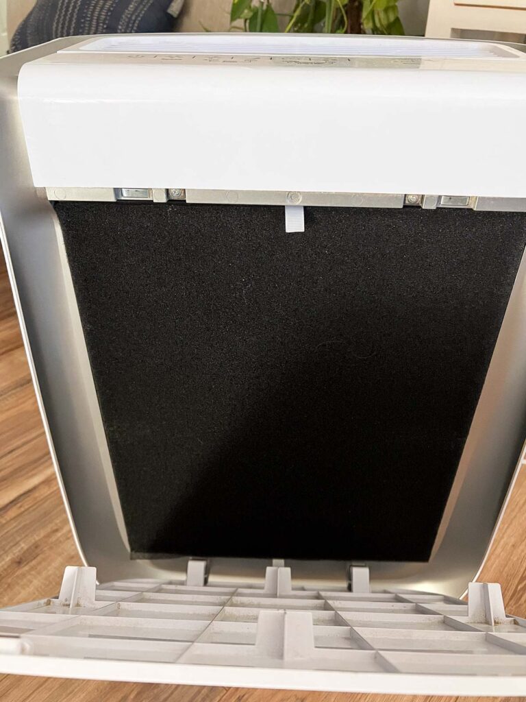 Inside of an air purifier showing a clean filter.