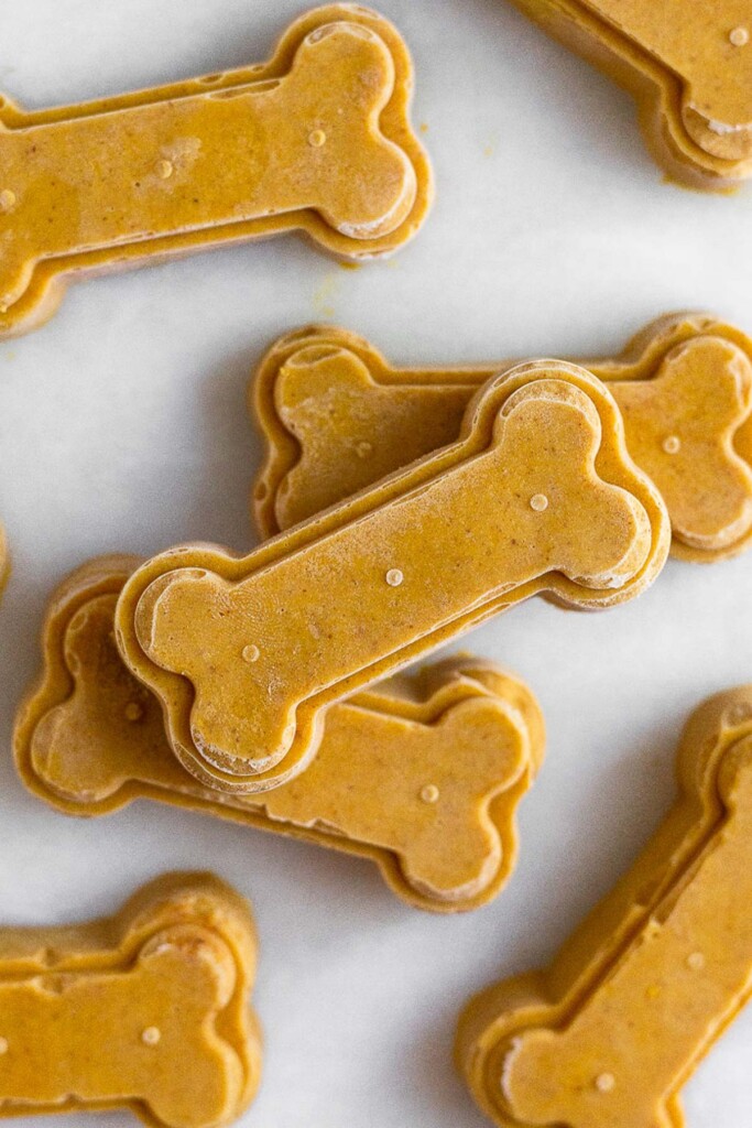 Frozen pumpkin dog treats spread out on a white counter top with some stacked on top of each other.