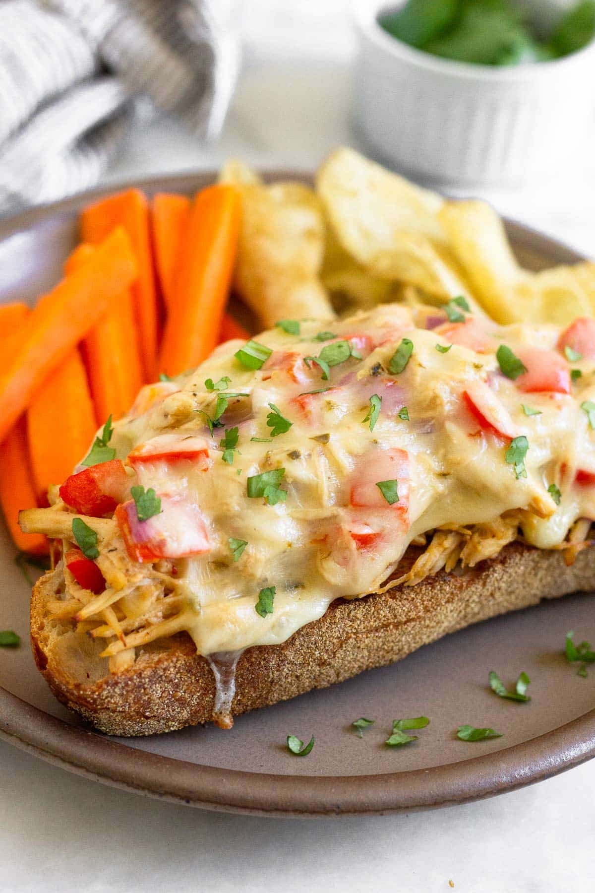 Chicken salad melt garnished with cilantro on a brown plate with sliced carrots and potato chips. Behind the plate is a striped kitchen towel and a bowl of cilantro.