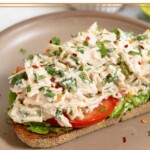 A piece of toast with mash avocado, sliced tomato, and cilantro lime chicken salad on top of it on a brown plate.