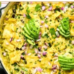 Green chicken enchilada skillet with beans, veggies, and pieces of corn tortillas covered with melted cheese in a large skillet. It is garnished with sliced avocado, diced red onions, and cilantro.