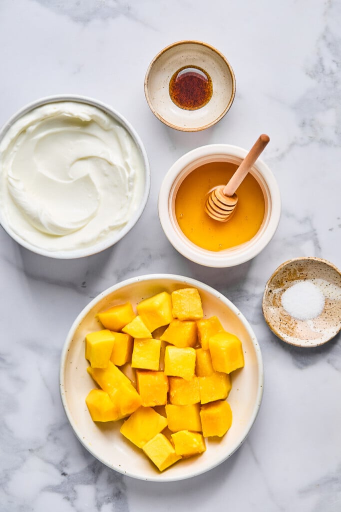 Marble counter with a small bowl of vanilla bean paste, a bowl of honey with a honey dipper in it, a small bowl of salt, a bowl of diced mangos, and a bowl of greek yogurt on it.
